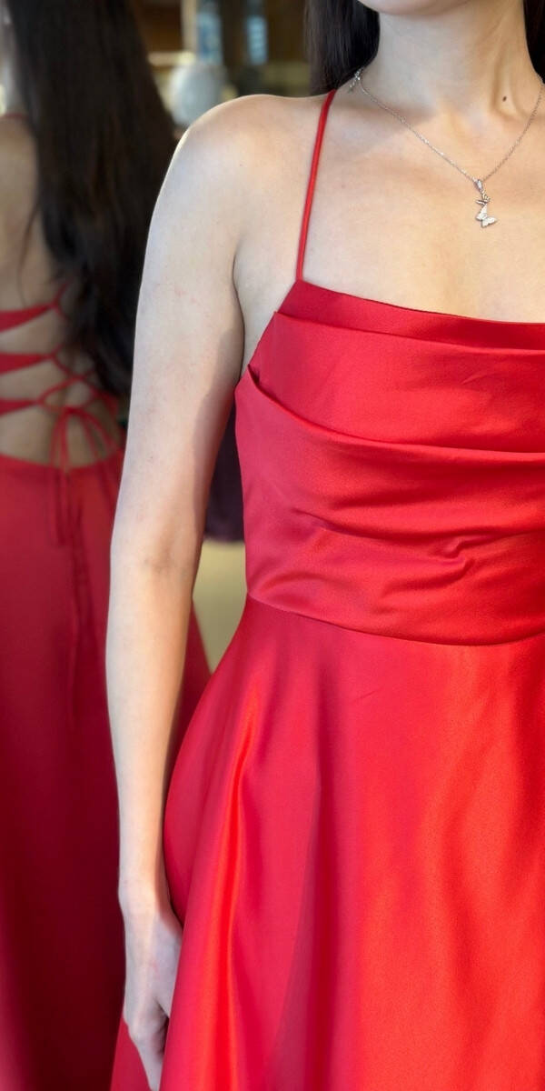Kırmızı İp Askılı Sırt Dekolteli Kloş Etekli Saten Uzun Abiye Elbise 7764 - 4