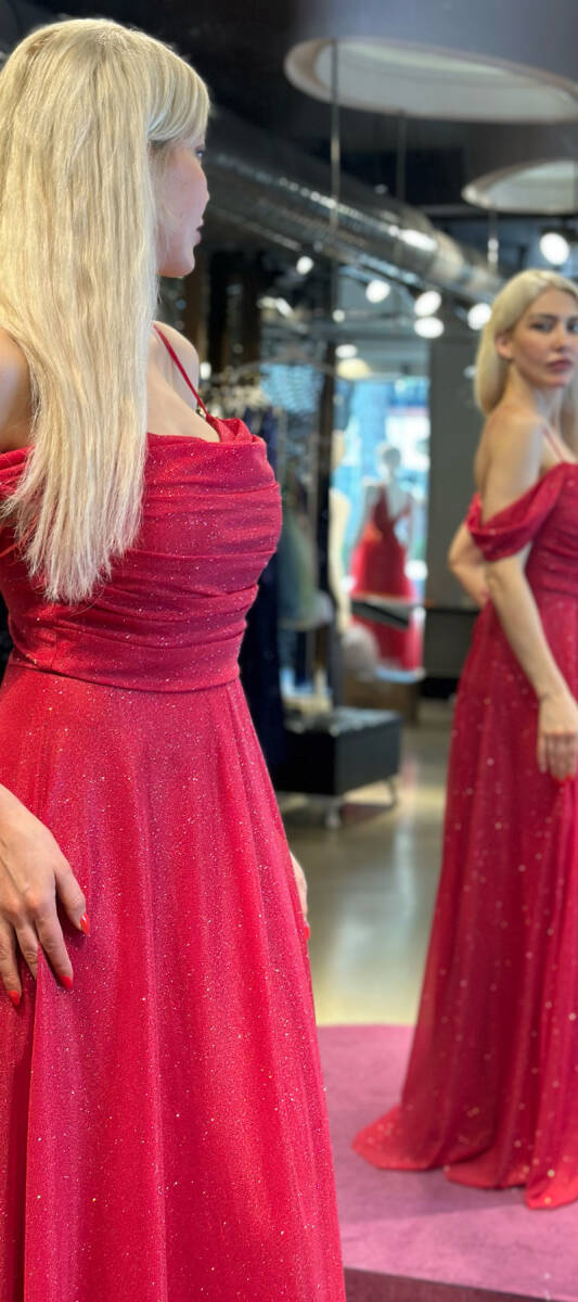 Kırmızı İp Askılı Sırt Dekolteli Kloş Etekli Simli Kumaş Uzun Abiye Elbise 7365 - 3