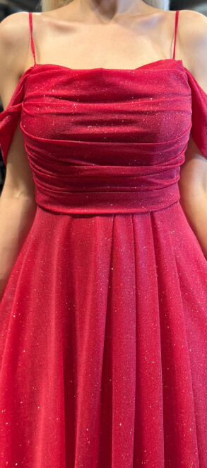 Kırmızı İp Askılı Sırt Dekolteli Kloş Etekli Simli Kumaş Uzun Abiye Elbise 7365 - 4