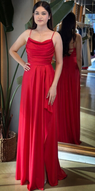 Kırmızı İp Askılı Yırtmaçlı Kloş Etekli Saten Uzun Abiye Elbise 7234 