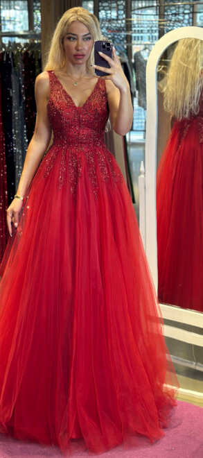 Kırmızı Kalın Askı Kloş Etekli Tül Uzun Abiye Elbise 6871 - abiyeniall