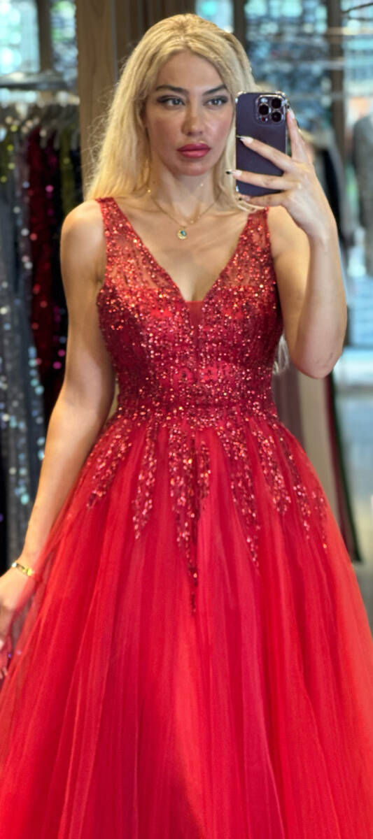 Kırmızı Kalın Askı Kloş Etekli Tül Uzun Abiye Elbise 6871 - 2