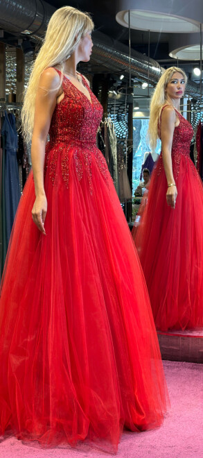 Kırmızı Kalın Askı Kloş Etekli Tül Uzun Abiye Elbise 6871 - 3