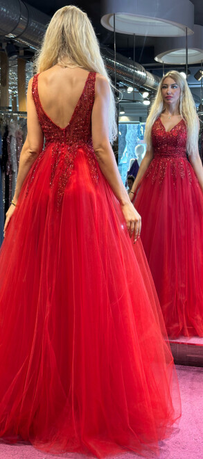 Kırmızı Kalın Askı Kloş Etekli Tül Uzun Abiye Elbise 6871 - 5