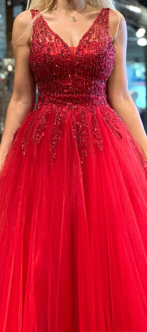 Kırmızı Kalın Askı Kloş Etekli Tül Uzun Abiye Elbise 6871 - 4