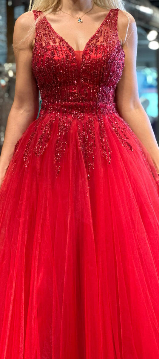 Kırmızı Kalın Askı Kloş Etekli Tül Uzun Abiye Elbise 6871 - 4