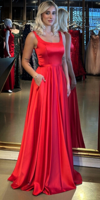 Kırmızı Kalın Askı V Yaka Sırt Dekolteli Kloş Etekli Saten Uzun Abiye Elbise 11091 