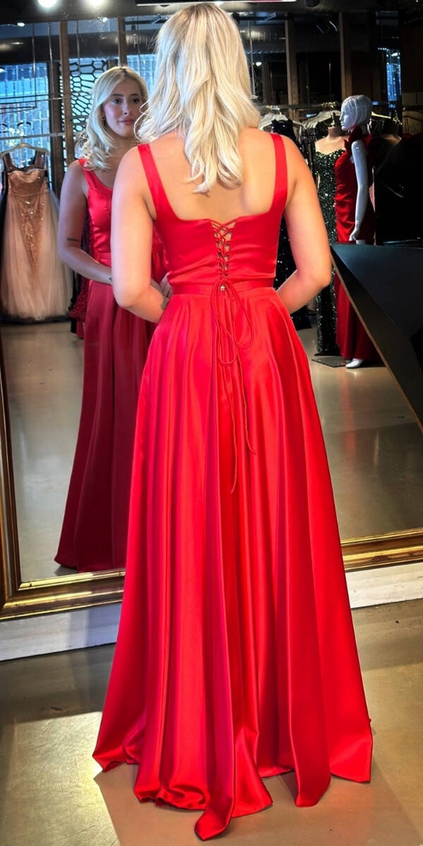 Kırmızı Kalın Askı V Yaka Sırt Dekolteli Kloş Etekli Saten Uzun Abiye Elbise 11091 - 5