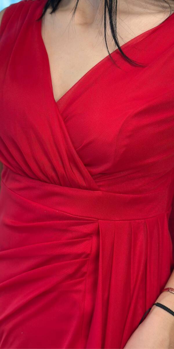 Kırmızı Kalın Askı Yırtmaçlı Düz Kesim Likralı Uzun Abiye Elbise 7648 - 4