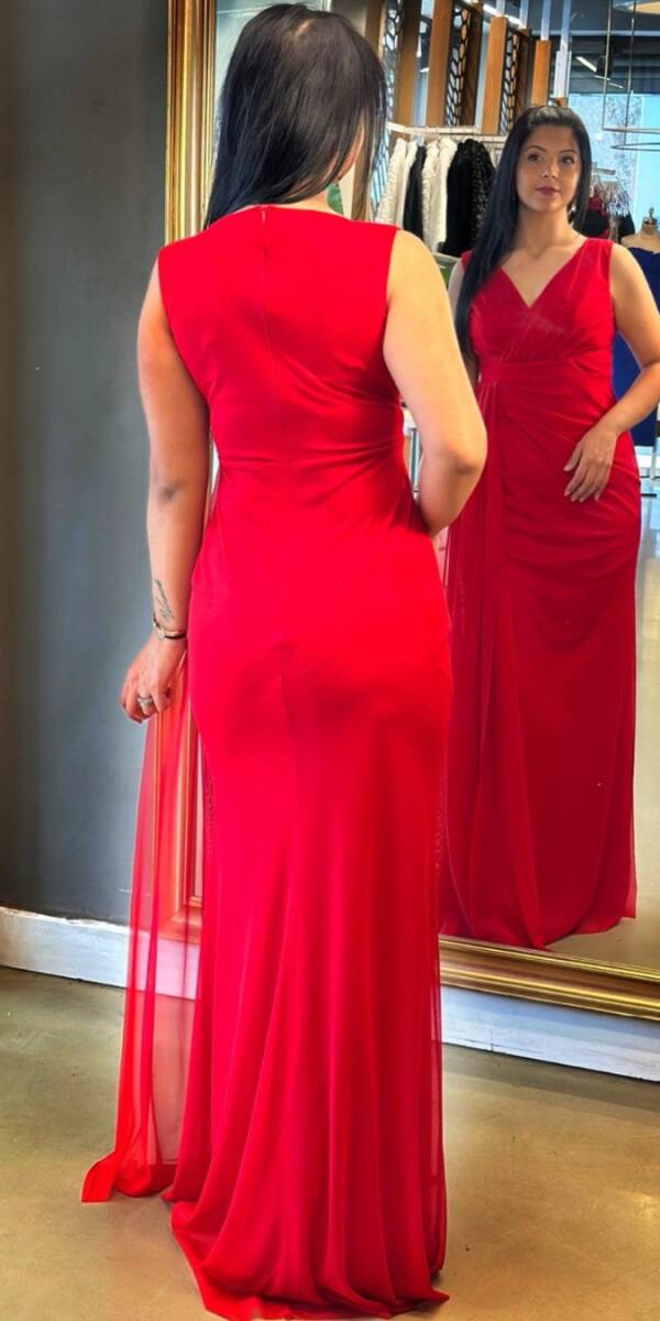 Kırmızı Kalın Askı Yırtmaçlı Düz Kesim Likralı Uzun Abiye Elbise 7648 - 5