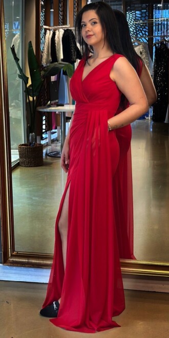 Kırmızı Kalın Askı Yırtmaçlı Düz Kesim Likralı Uzun Abiye Elbise 7648 - 3