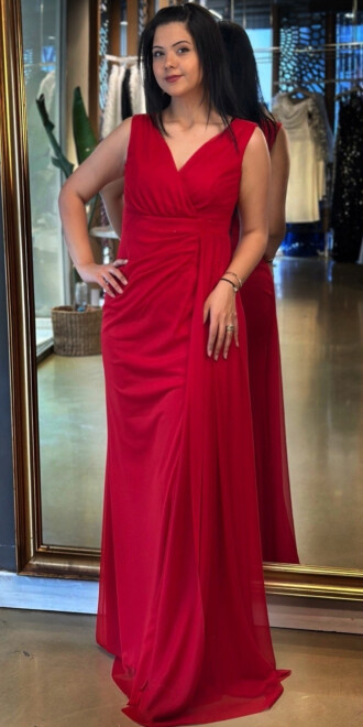 Kırmızı Kalın Askı Yırtmaçlı Düz Kesim Likralı Uzun Abiye Elbise 7648 - 1