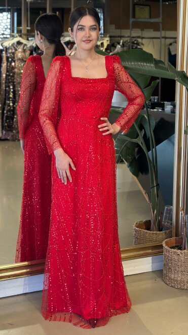 Kırmızı Kare Yaka Uzun Kollu Kloş Etekli Pullu Boncuklu Uzun Abiye Elbise 11047-24 - abiyeniall