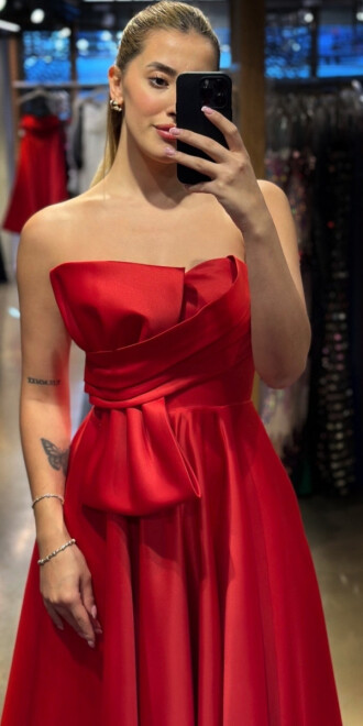 Kırmızı Kloş Etekli Straplez Yaka Saten Midi Abiye Elbise 7657 - 2