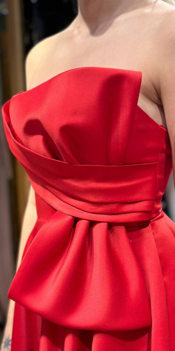 Kırmızı Kloş Etekli Straplez Yaka Saten Midi Abiye Elbise 7657 - 3