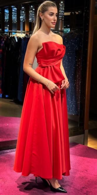 Kırmızı Kloş Etekli Straplez Yaka Saten Midi Abiye Elbise 7657 - 4