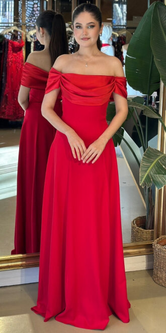 Kırmızı Madonna Yaka Kloş Etekli Krep Uzun Abiye Elbise 11177-03 - abiyeniall