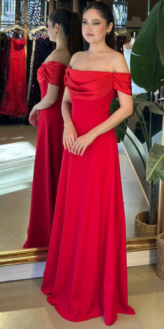 Kırmızı Madonna Yaka Kloş Etekli Krep Uzun Abiye Elbise 11177-03 - 2