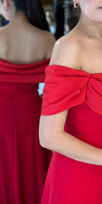 Kırmızı Madonna Yaka Kloş Etekli Krep Uzun Abiye Elbise 11177-03 - 4