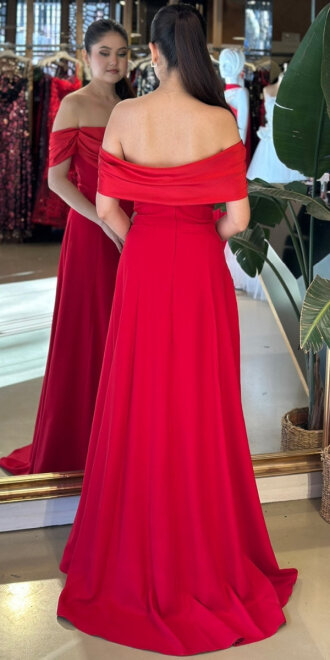 Kırmızı Madonna Yaka Kloş Etekli Krep Uzun Abiye Elbise 11177-03 - 5