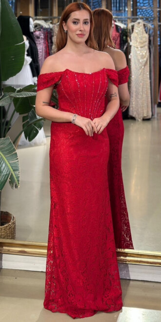 Kırmızı Madonna Yaka Sırt Dekolteli Düz Kesim Dantel Uzun Abiye Elbise 11181-03 - abiyeniall