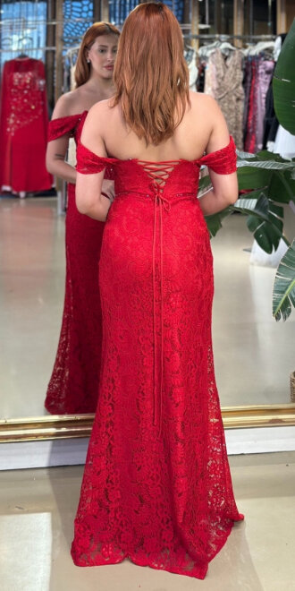 Kırmızı Madonna Yaka Sırt Dekolteli Düz Kesim Dantel Uzun Abiye Elbise 11181-03 - 5