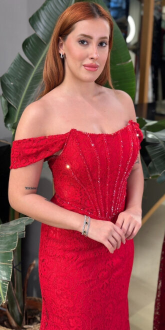 Kırmızı Madonna Yaka Sırt Dekolteli Düz Kesim Dantel Uzun Abiye Elbise 11181-03 - 3