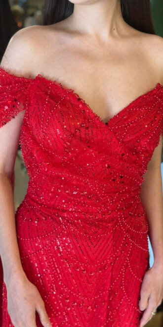 Kırmızı Madonna Yaka Sırt Dekolteli Düz Kesim Pullu Boncuklu Uzun Abiye Elbise 11044-18 - 4