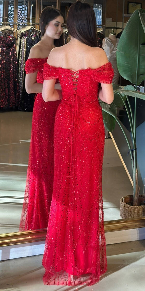 Kırmızı Madonna Yaka Sırt Dekolteli Düz Kesim Pullu Boncuklu Uzun Abiye Elbise 11044-18 - 5