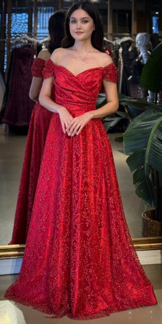 Kırmızı Madonna Yaka Sırt Dekolteli Kloş Etekli Simli Uzun Abiye Elbise 11066-02 