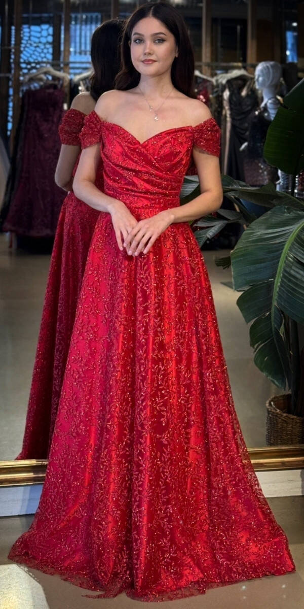 Kırmızı Madonna Yaka Sırt Dekolteli Kloş Etekli Simli Uzun Abiye Elbise 11066-02 - 1