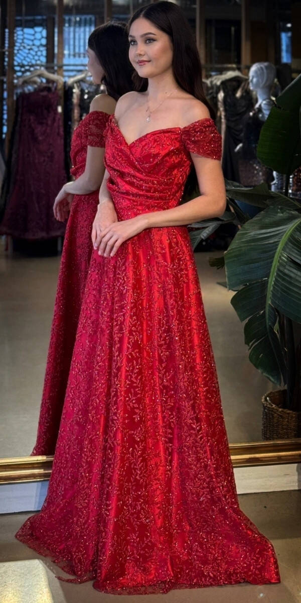 Kırmızı Madonna Yaka Sırt Dekolteli Kloş Etekli Simli Uzun Abiye Elbise 11066-02 - 2