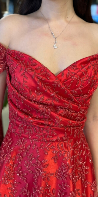 Kırmızı Madonna Yaka Sırt Dekolteli Kloş Etekli Simli Uzun Abiye Elbise 11066-02 - 4