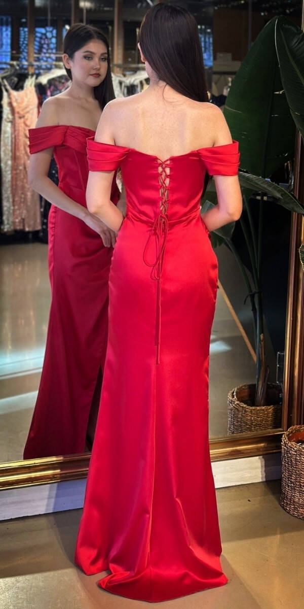 Kırmızı Madonna Yaka Sırt Dekolteli Yırtmaçlı Düz Kesim Saten Uzun Abiye Elbise 11128-03 - 5