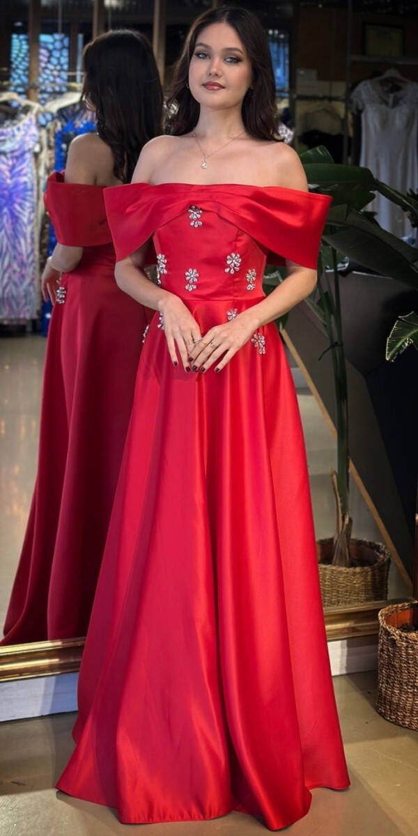 Kırmızı Madonna Yaka Taş Detaylı Kloş Etekli Saten Uzun Abiye Elbise 11063-07 - 1