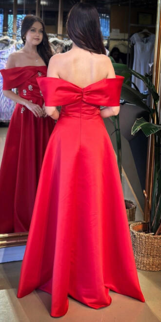 Kırmızı Madonna Yaka Taş Detaylı Kloş Etekli Saten Uzun Abiye Elbise 11063-07 - 5