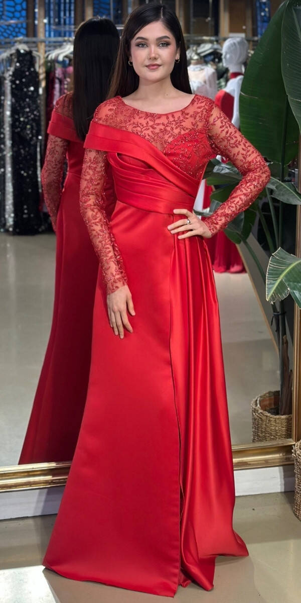 Kırmızı Saten Abiye Elbise 7560 - 1