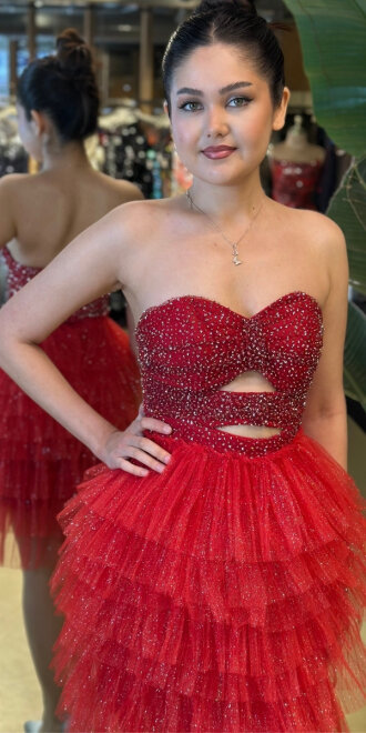 Kırmızı Starplez Bel Dekolteli Kısa Abiye Elbise 7709 - 3