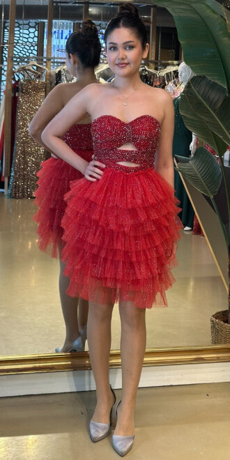 Kırmızı Starplez Bel Dekolteli Kısa Abiye Elbise 7709 - abiyeniall