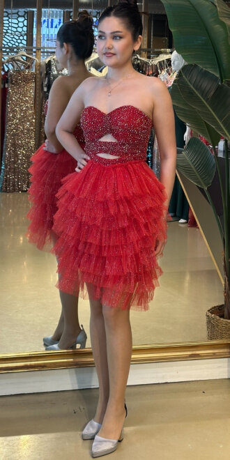 Kırmızı Starplez Bel Dekolteli Kısa Abiye Elbise 7709 - 2