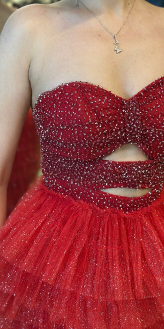 Kırmızı Starplez Bel Dekolteli Kısa Abiye Elbise 7709 - 4