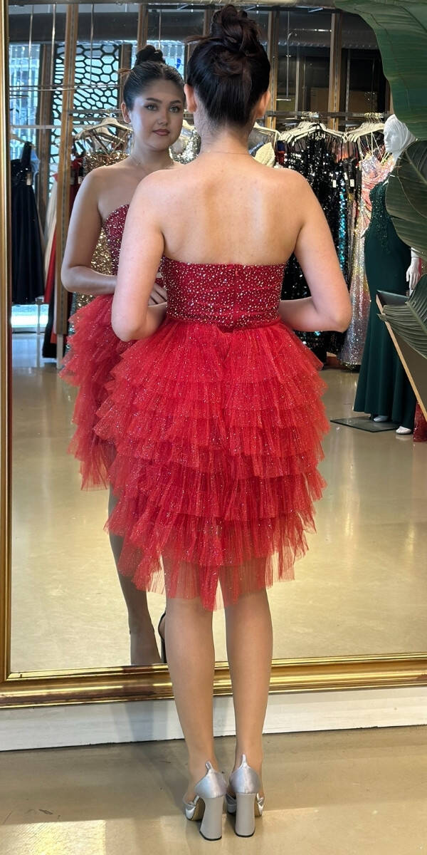 Kırmızı Starplez Bel Dekolteli Kısa Abiye Elbise 7709 - 5