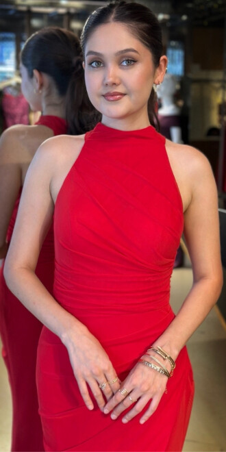 Kırmızı Halter Yaka Yırtmaçlı Düz Kesim Likralı Tül Uzun Abiye Elbise 11084-08 - 3