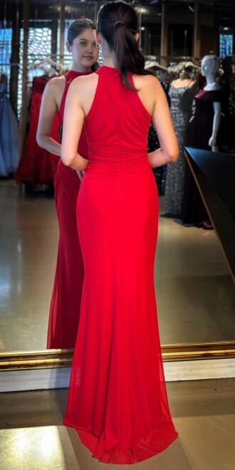 Kırmızı Halter Yaka Yırtmaçlı Düz Kesim Likralı Tül Uzun Abiye Elbise 11084-08 - 5