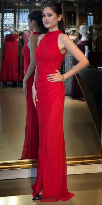 Kırmızı Halter Yaka Yırtmaçlı Düz Kesim Likralı Tül Uzun Abiye Elbise 11084-08 - 2