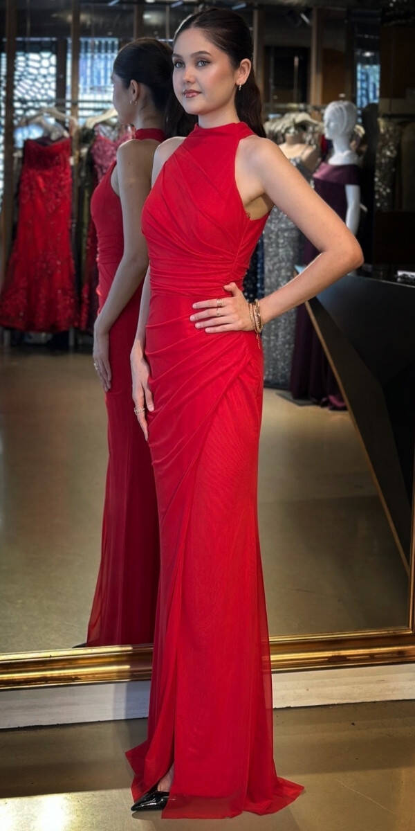 Kırmızı Halter Yaka Yırtmaçlı Düz Kesim Likralı Tül Uzun Abiye Elbise 11084-08 - 2