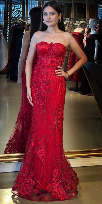 Kırmızı Straplez Yaka Bel Dekolteli Düz Kesim Brode Tül Uzun Abiye Elbise 11061 