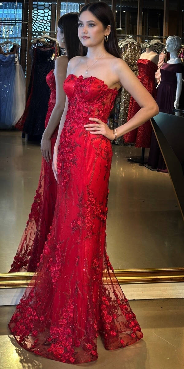 Kırmızı Straplez Yaka Bel Dekolteli Düz Kesim Brode Tül Uzun Abiye Elbise 11061 - 2