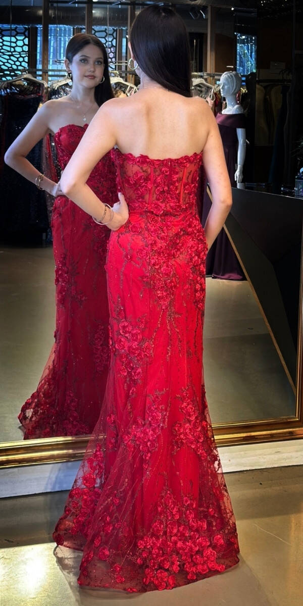 Kırmızı Straplez Yaka Bel Dekolteli Düz Kesim Brode Tül Uzun Abiye Elbise 11061 - 5