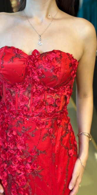 Kırmızı Straplez Yaka Bel Dekolteli Düz Kesim Brode Tül Uzun Abiye Elbise 11061 - 4